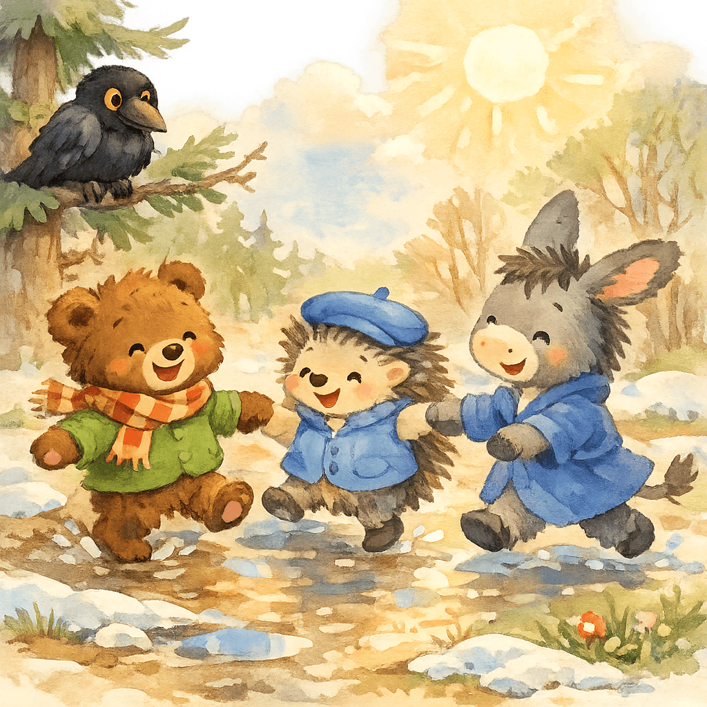 Друзья кружатся по снегу, а ворон наблюдает за ними с дерева