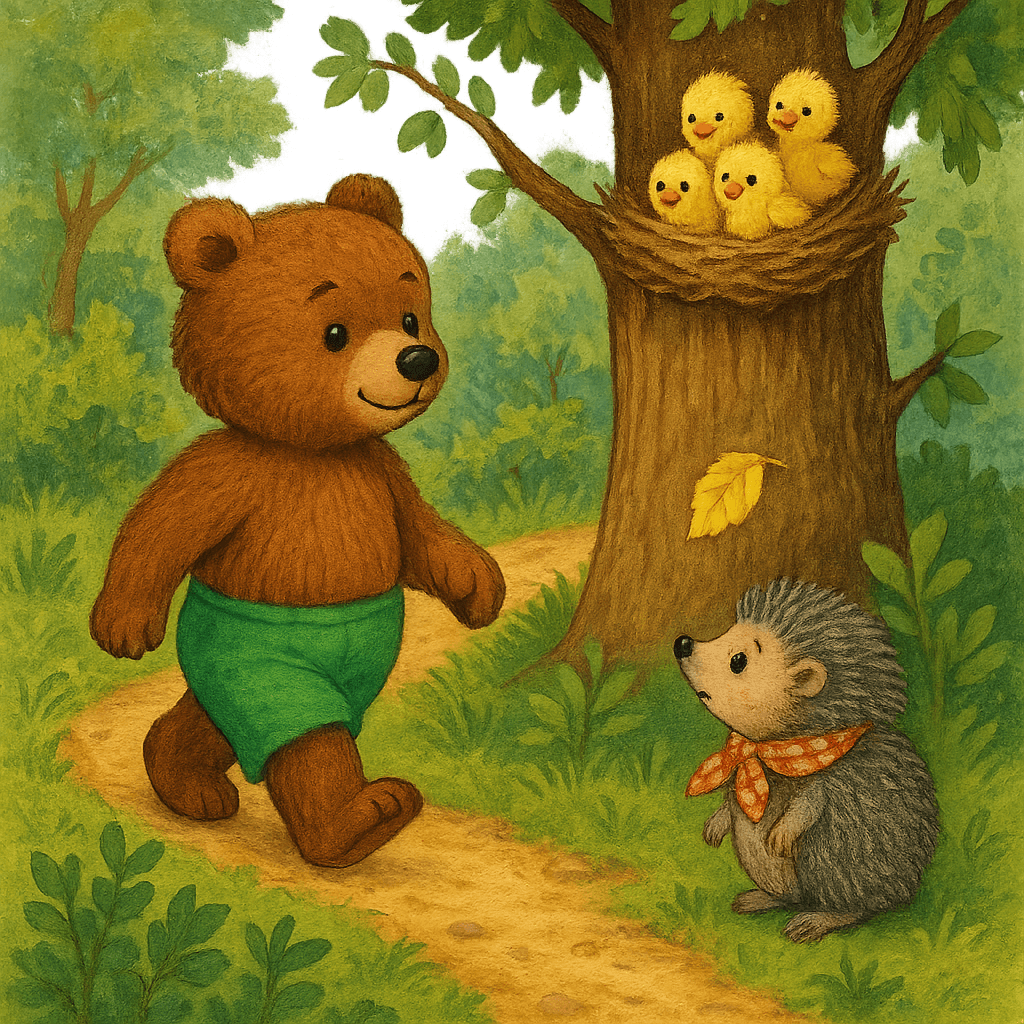 Медвежонок проходит по лесу, птенцы в гнезде ждут маму, а ёжик наблюдает за листом.