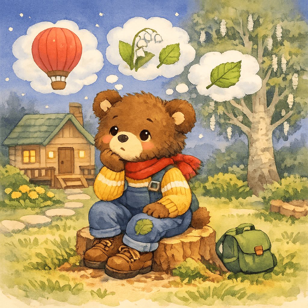 Медвежонок думает на пеньке о способах удивить слонёнка