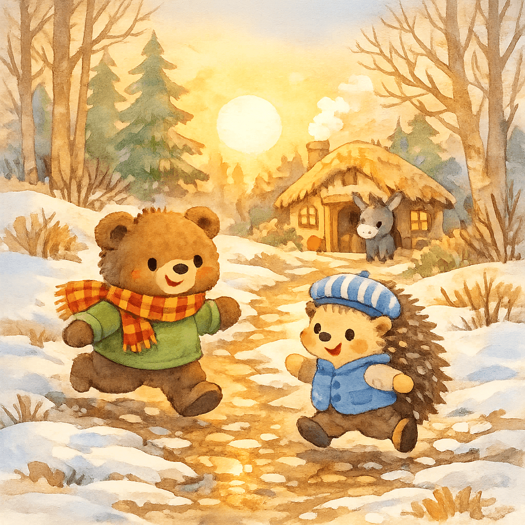 Медвежонок и Ёжик бегут по снегу к домику Ослика