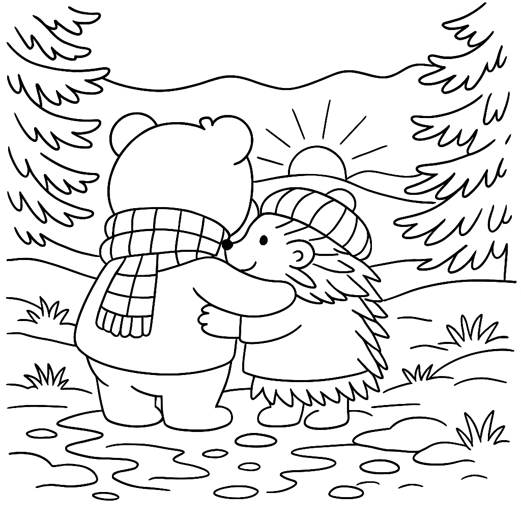 Раскраска по сказке "Как ослик, ёжик и медвежонок встретились после долгой зимы"