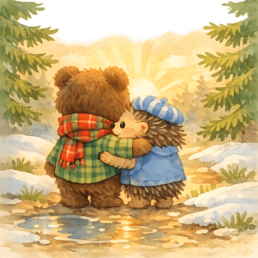 Медвежонок и Ёжик обнимаются на опушке леса