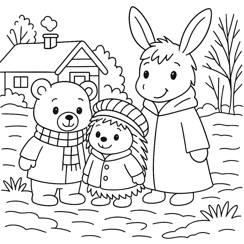 Раскраска по сказке "Как ослик, ёжик и медвежонок встретились после долгой зимы"