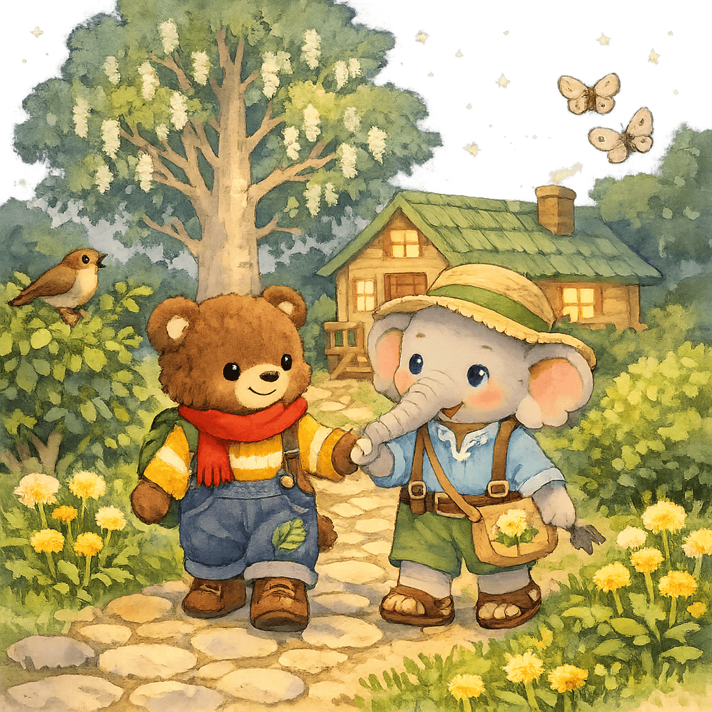 Медвежонок ведёт слонёнка в сад показывать звёзды и слушать соловья