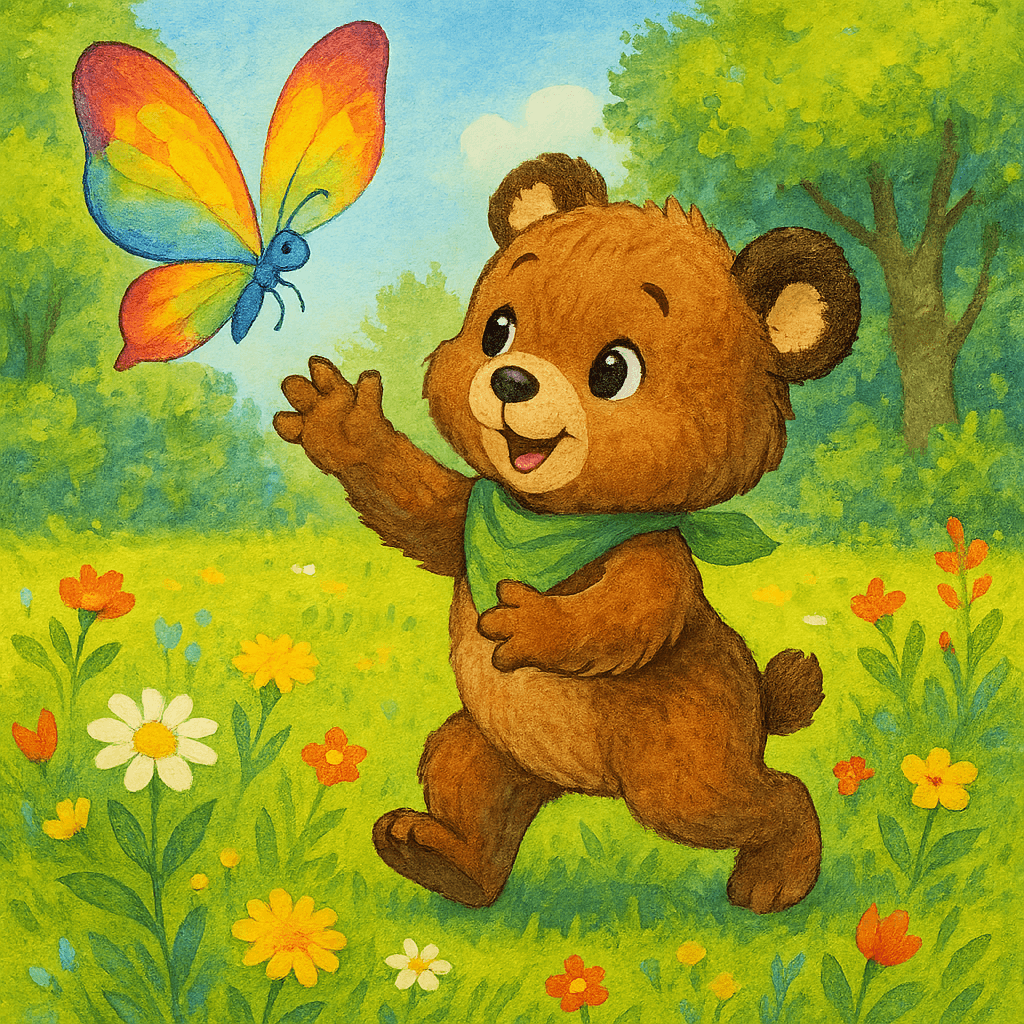 Медвежонок Кузя тянется за яркой бабочкой на поляне