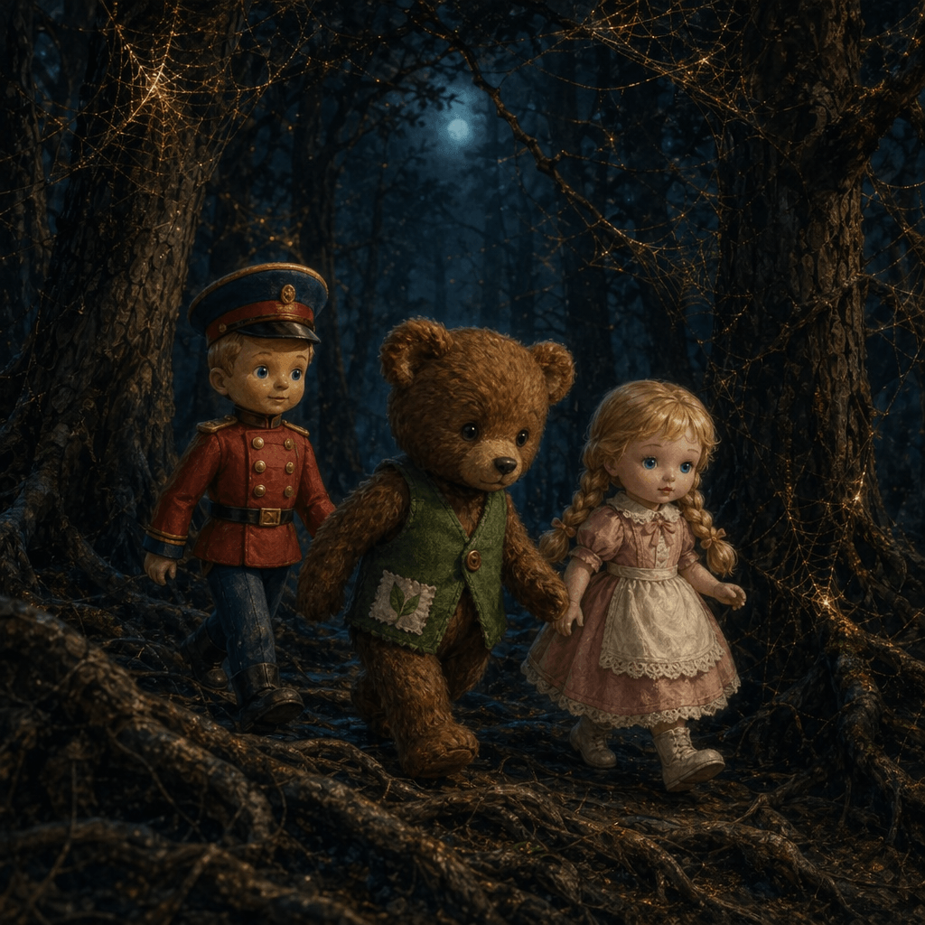 Игрушки идут по корням деревьев ночью в волшебном лесу.