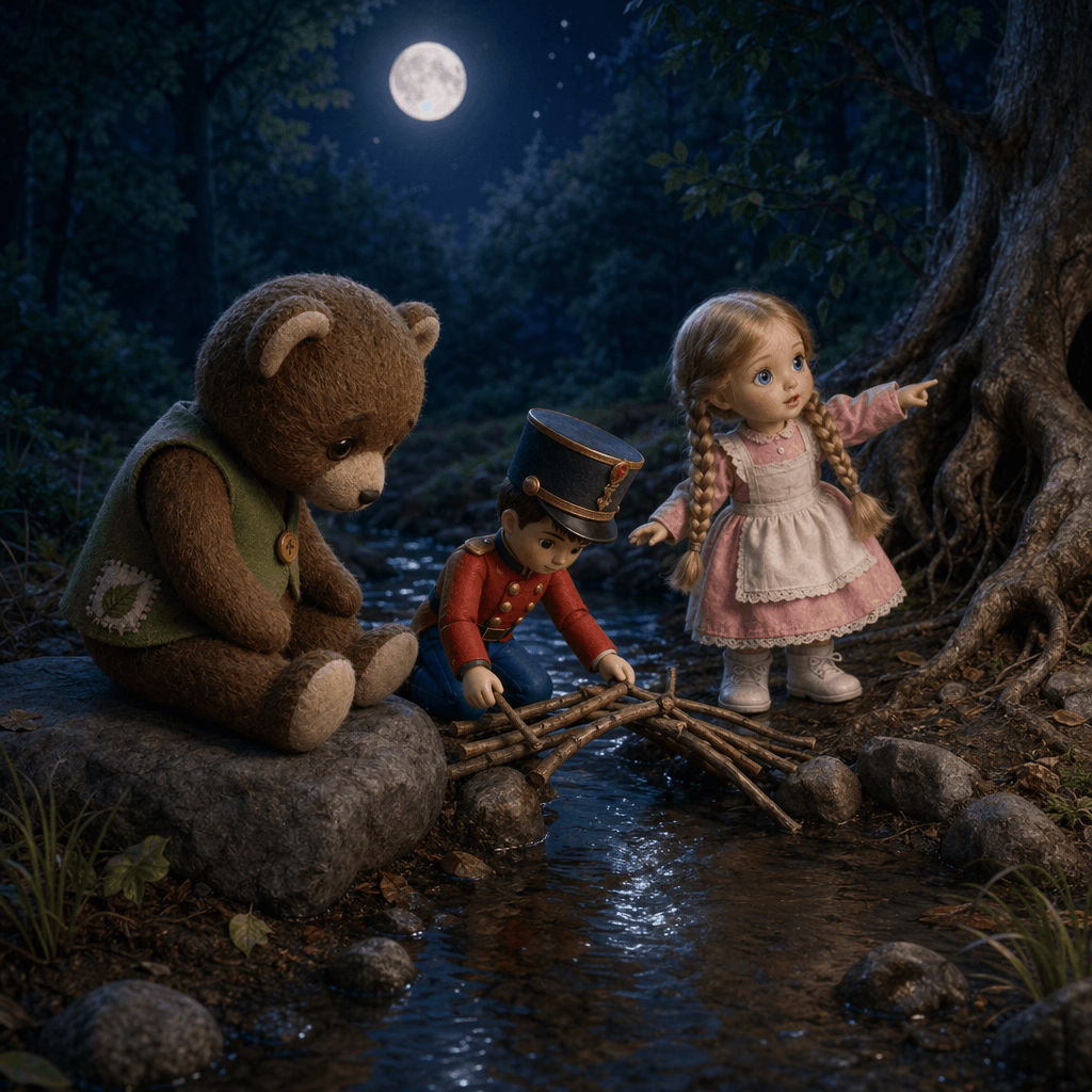 Медвежонок Миша у ручья, рядом Петя строит мостик, Маша указывает путь.