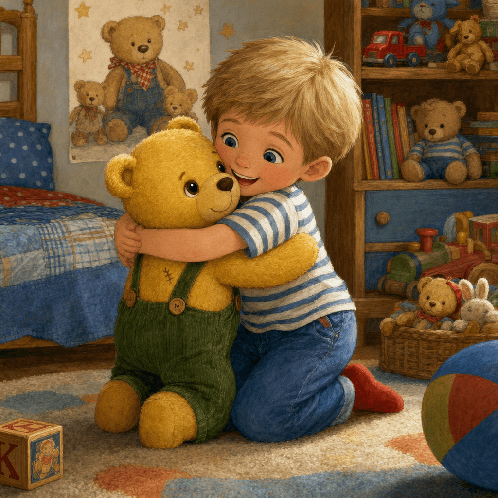 Клаус обнимает Тедди Брюмма дома в детской комнате