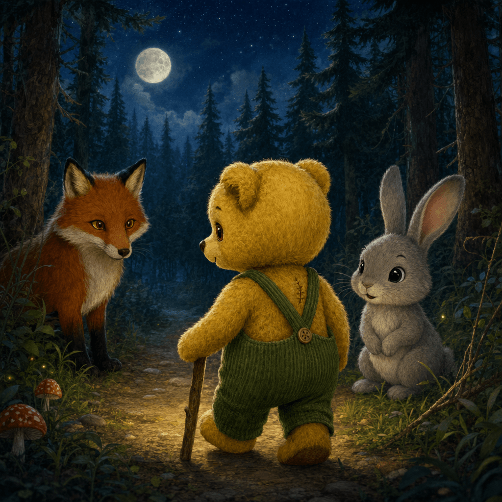 Тедди Брюмм ночью идет по лесу и встречает лису и зайца