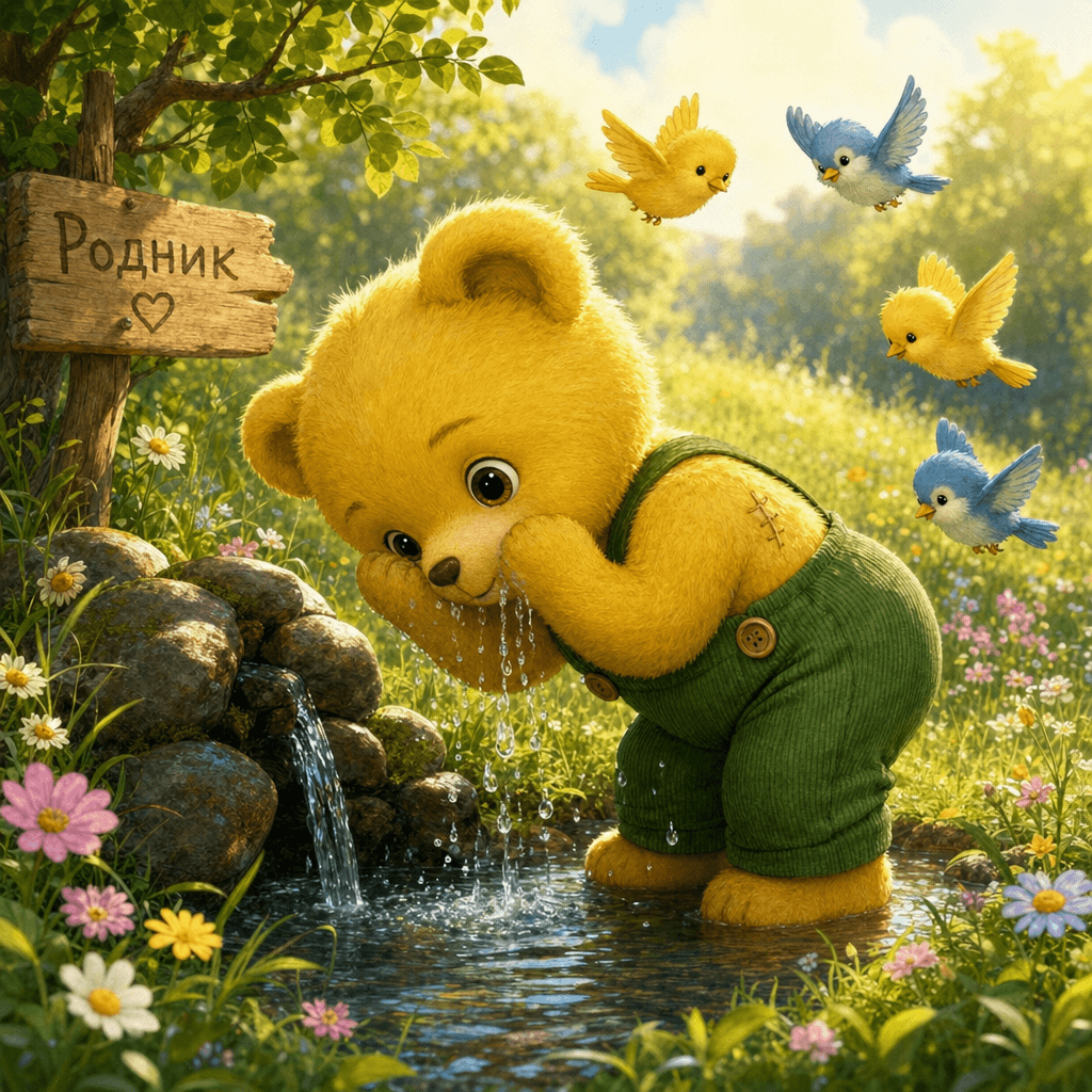 Тедди Брюмм умывается у родничка утром, поют птички