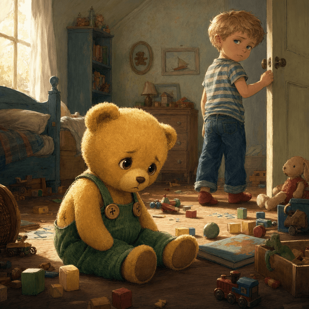 Грустный Тедди Брюмм один на полу в детской комнате