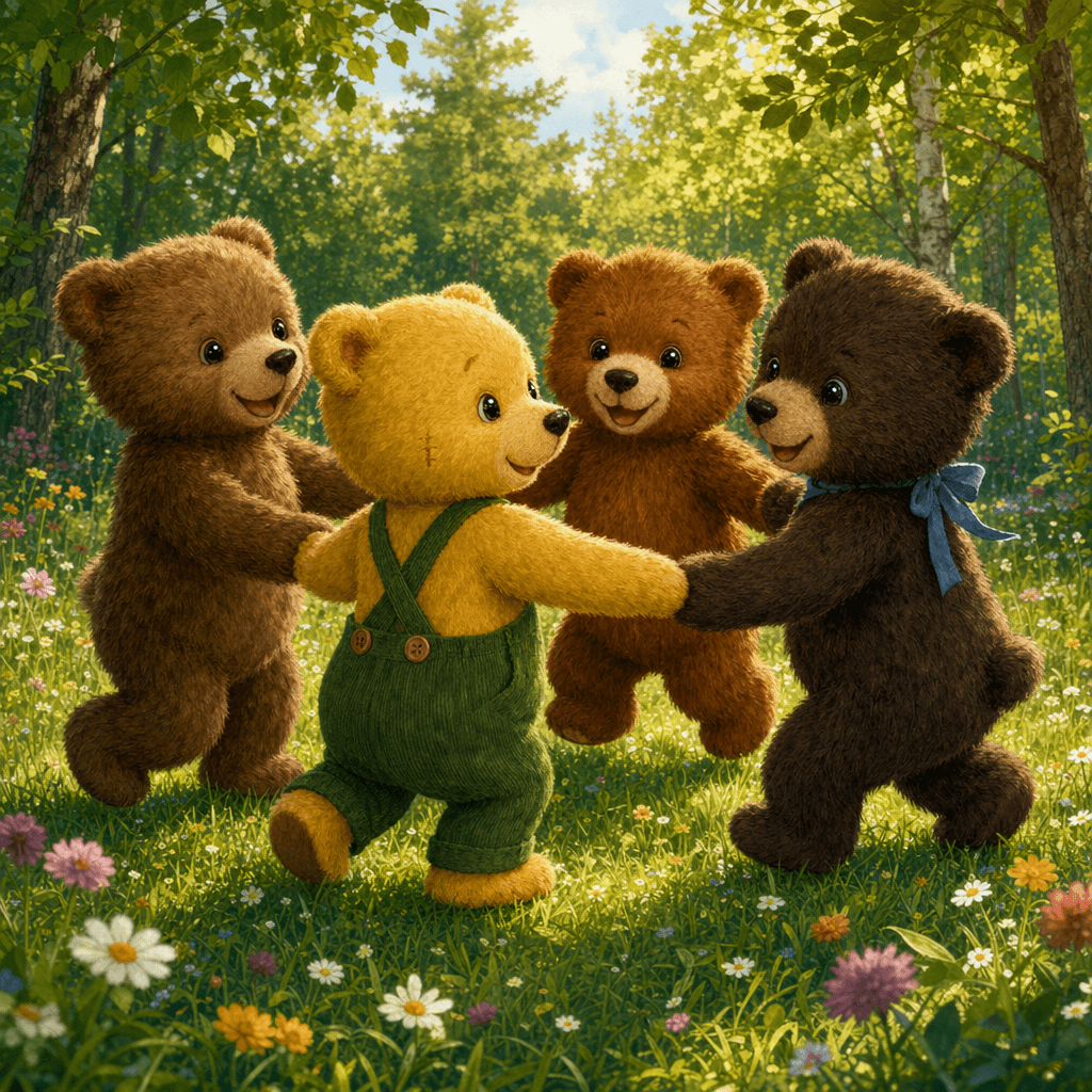 Тедди Брюмм и три лесных медвежонка играют на поляне