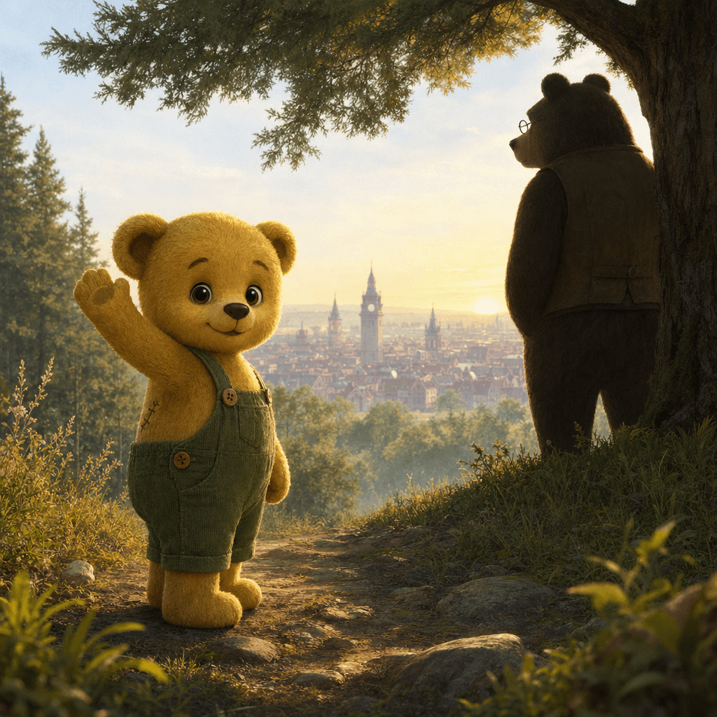 Тедди Брюмм прощается с медвежьей семьей у края леса