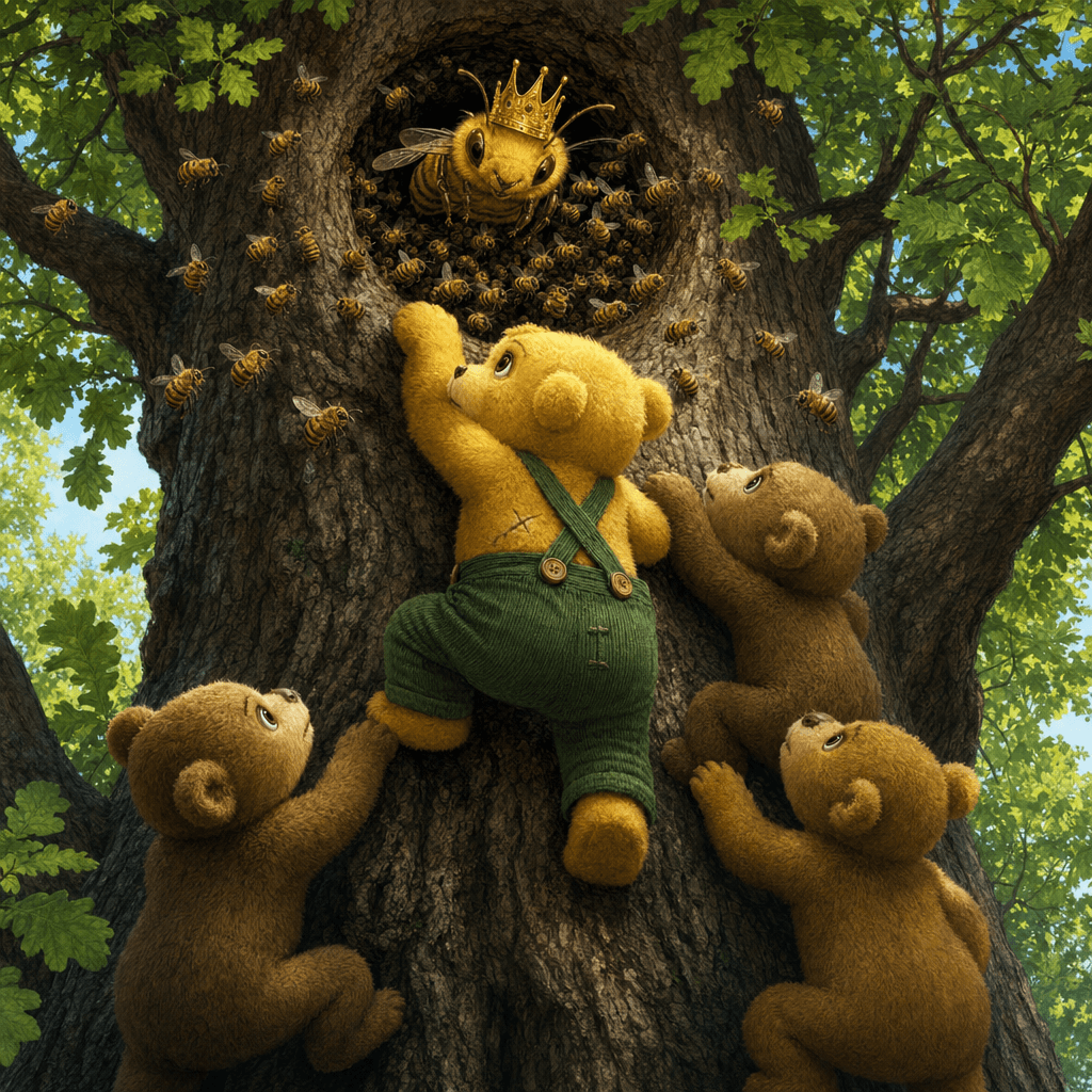 Медвежата взбираются на дерево за медом, а из дупла выглядывает рой пчел