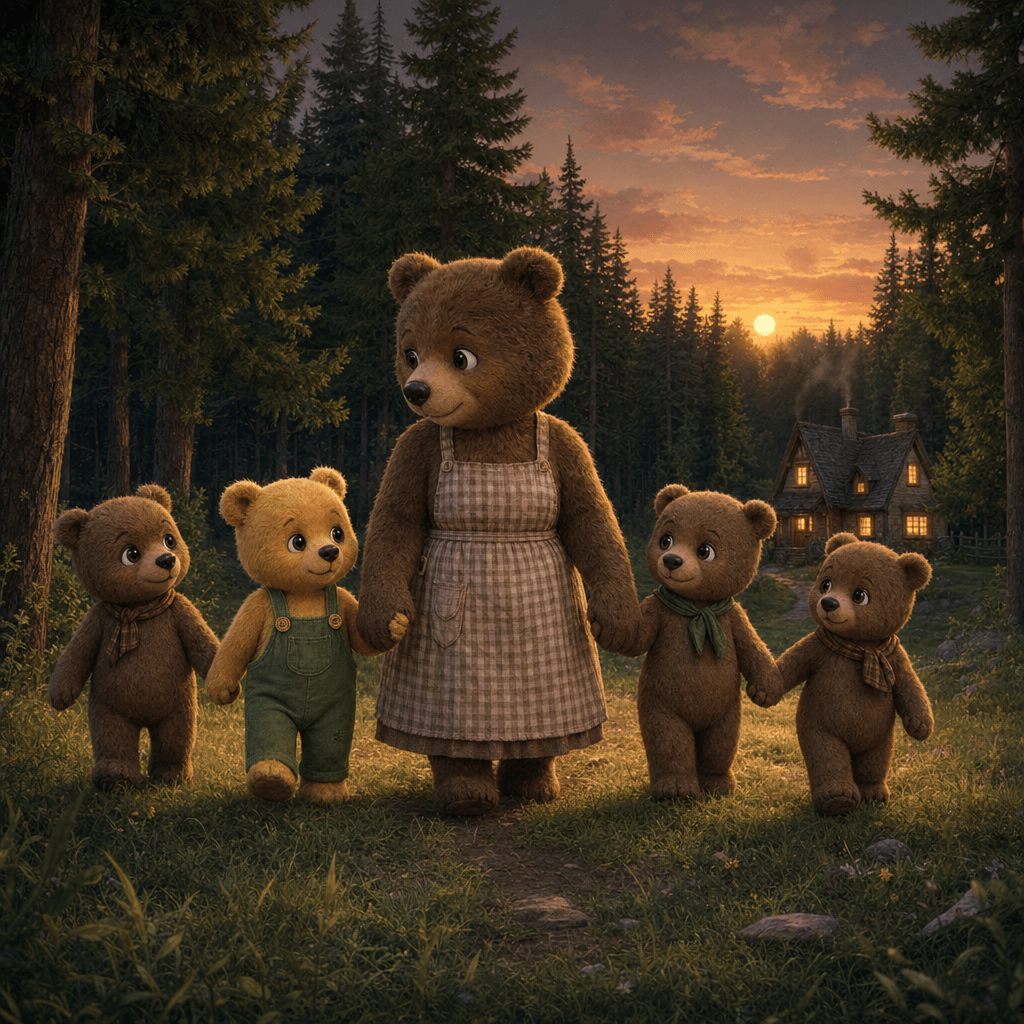 Медведица ведет медвежат домой в лесу