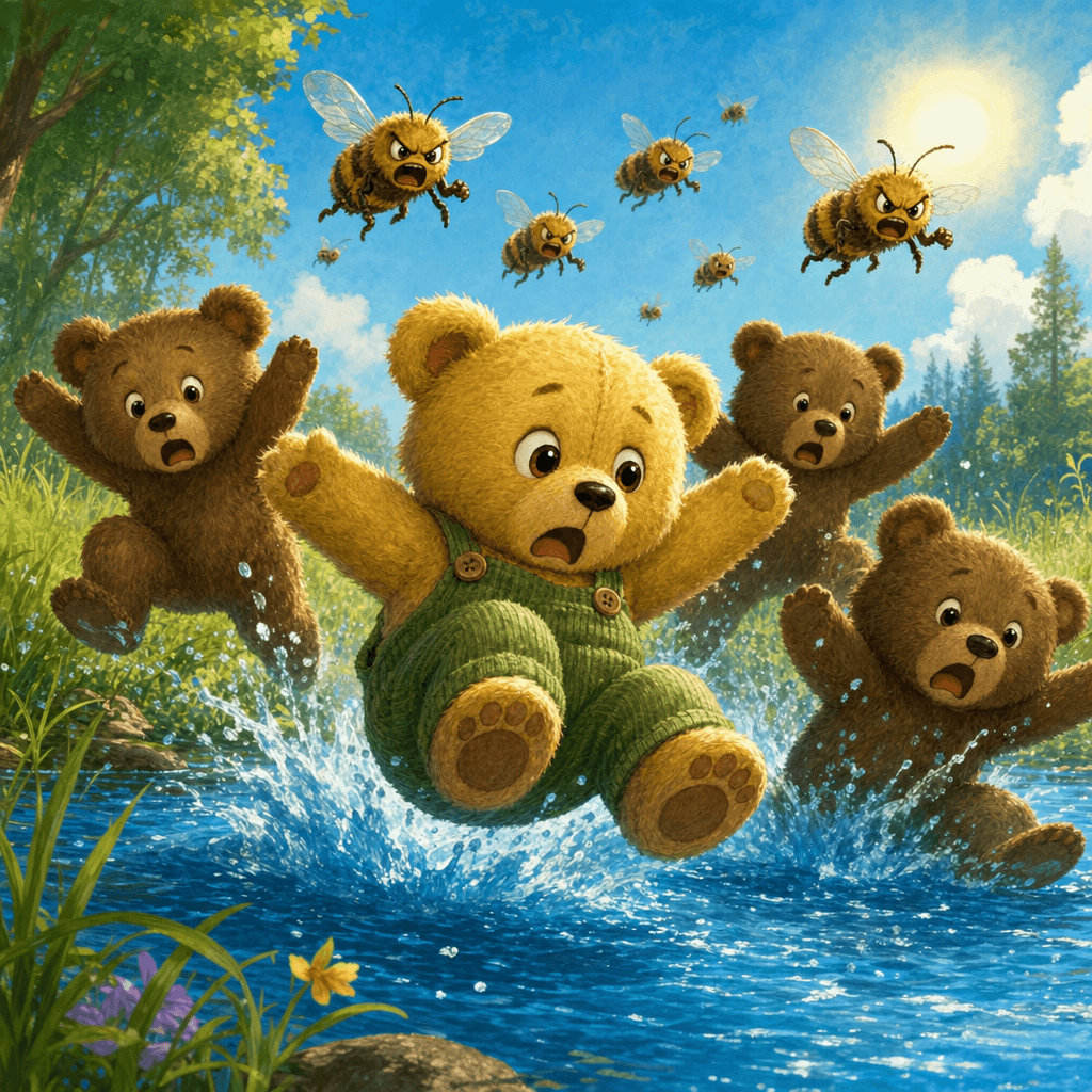 Медвежата спасаются от пчел прыжком в реку