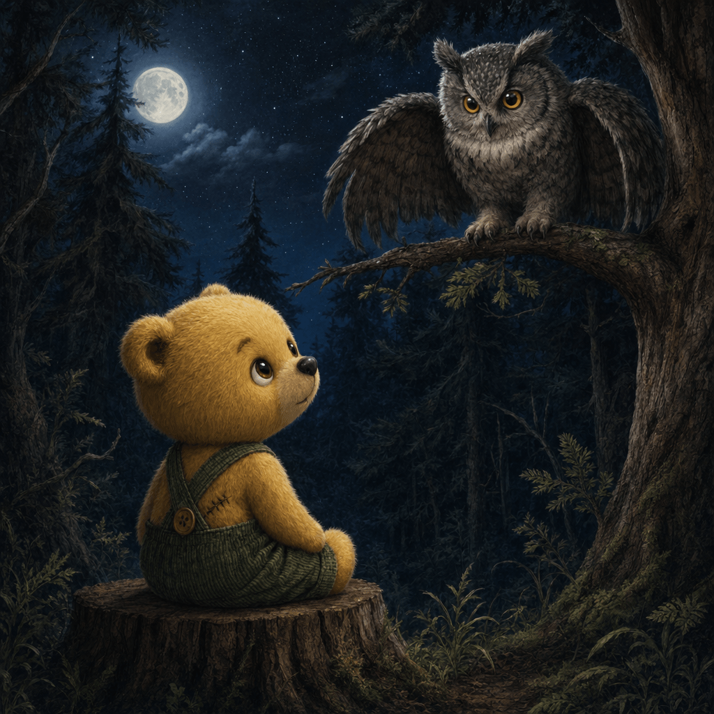 Грустный Тедди Брюмм ночью в темном лесу, рядом филин