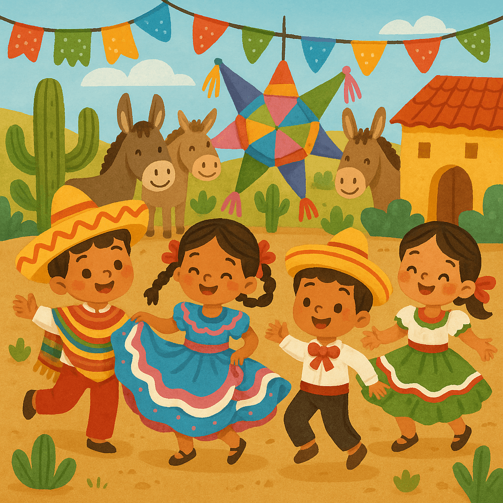 Мексиканские дети в традиционных костюмах танцуют у деревни с праздничными гирляндами и осликами.