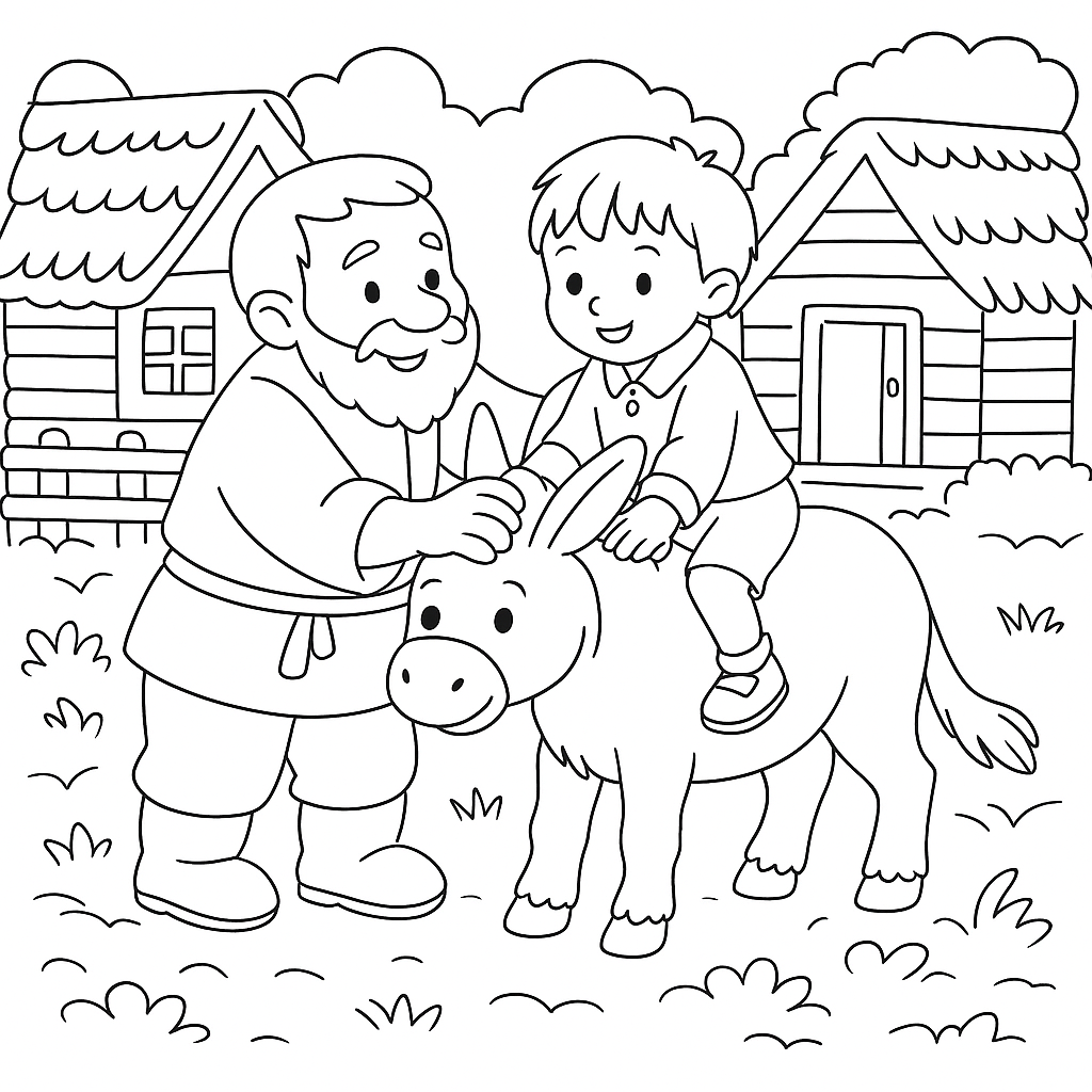 Раскраска по сказке "Мельник, мальчик и осёл"