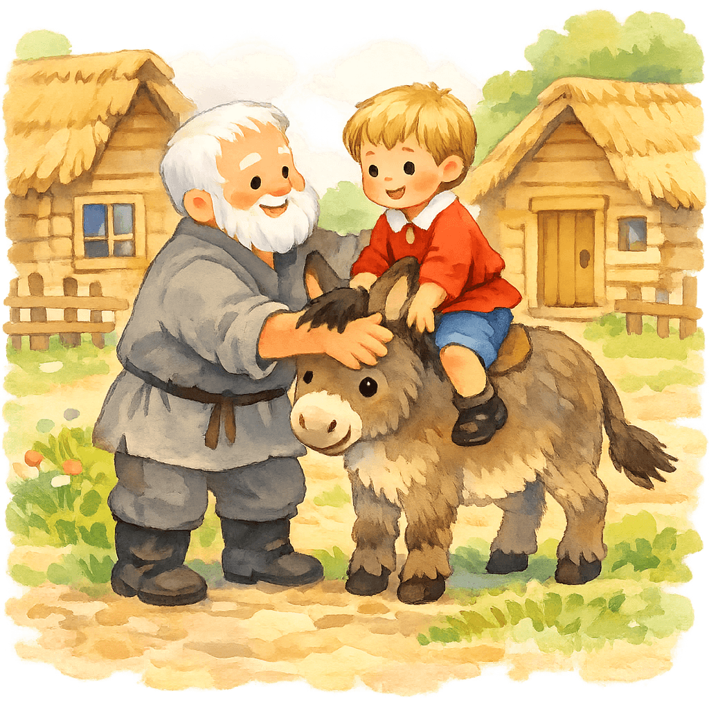 Мальчик едет на ослике, мельник идет рядом