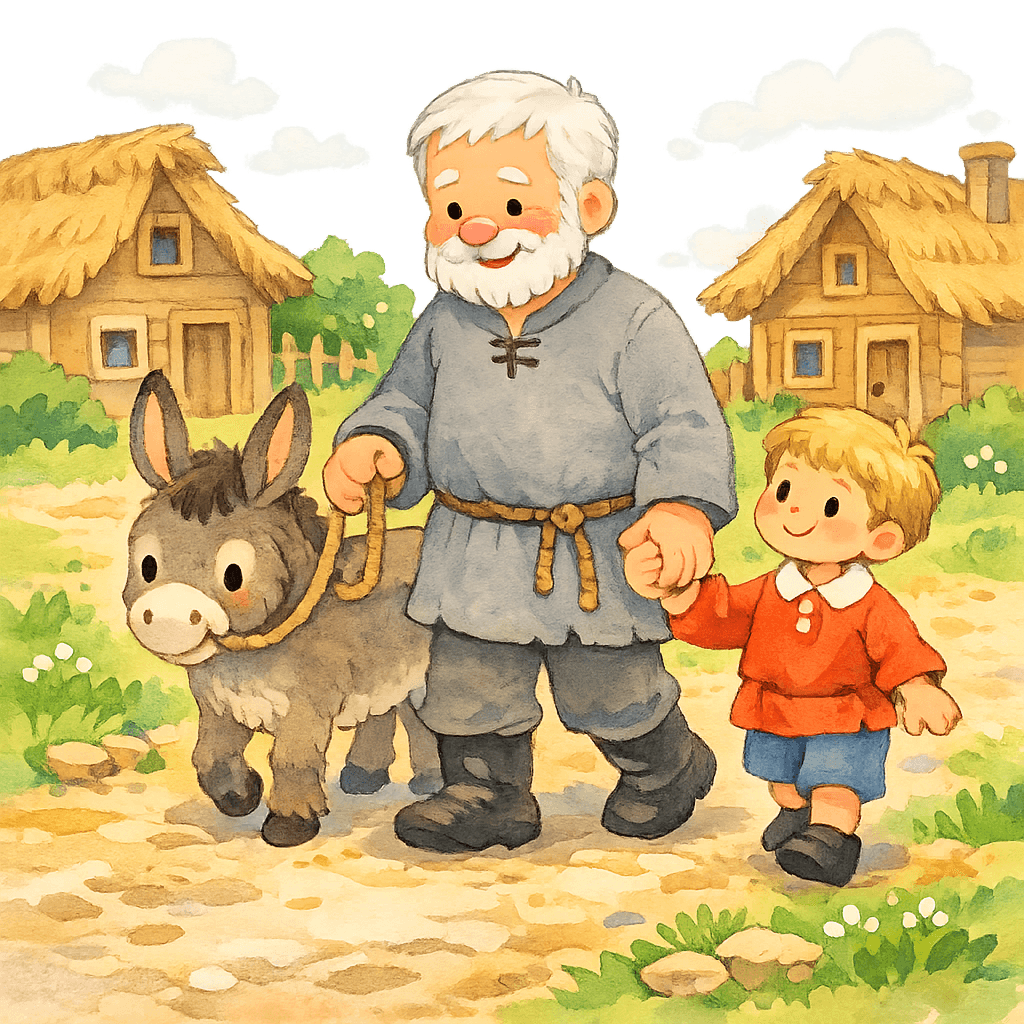 Мельник, мальчик и ослик идут по деревенской дороге