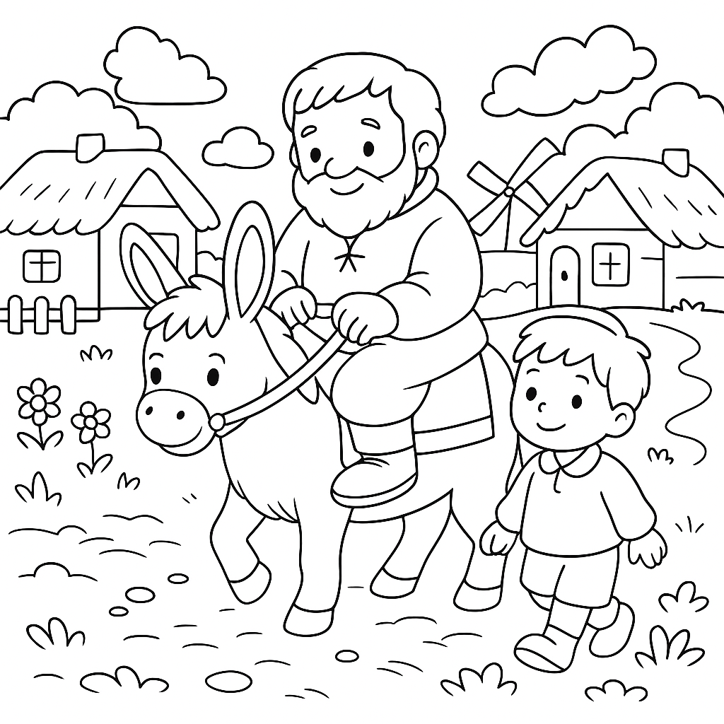Раскраска по сказке "Мельник, мальчик и осёл"