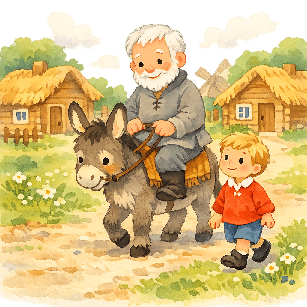 Мельник едет на ослике, мальчик идет пешком рядом