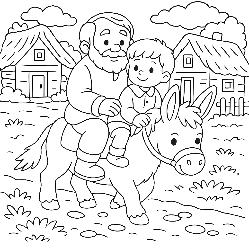 Раскраска по сказке "Мельник, мальчик и осёл"