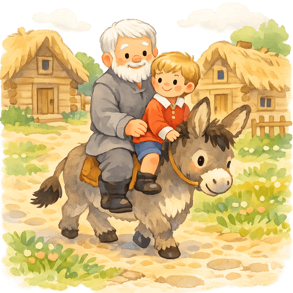 Мельник и мальчик вместе едут верхом на ослике