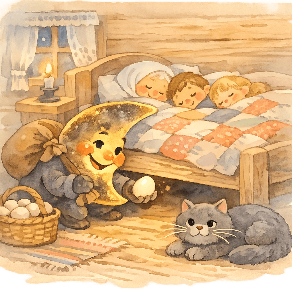 Месяц тайком берёт яйцо под кроватью