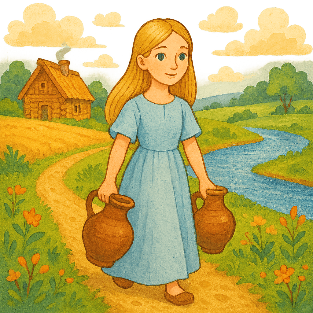 Младшая дочь с кувшинами идёт к реке