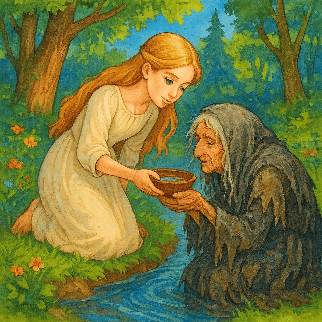 Девушка помогает нищенке напиться у реки