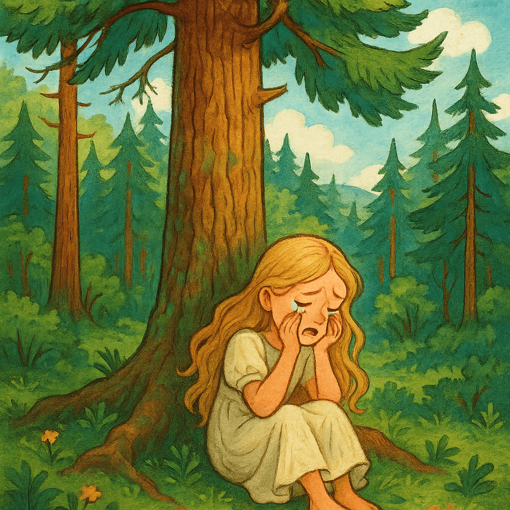 Младшая дочь плачет одна под сосной в лесу