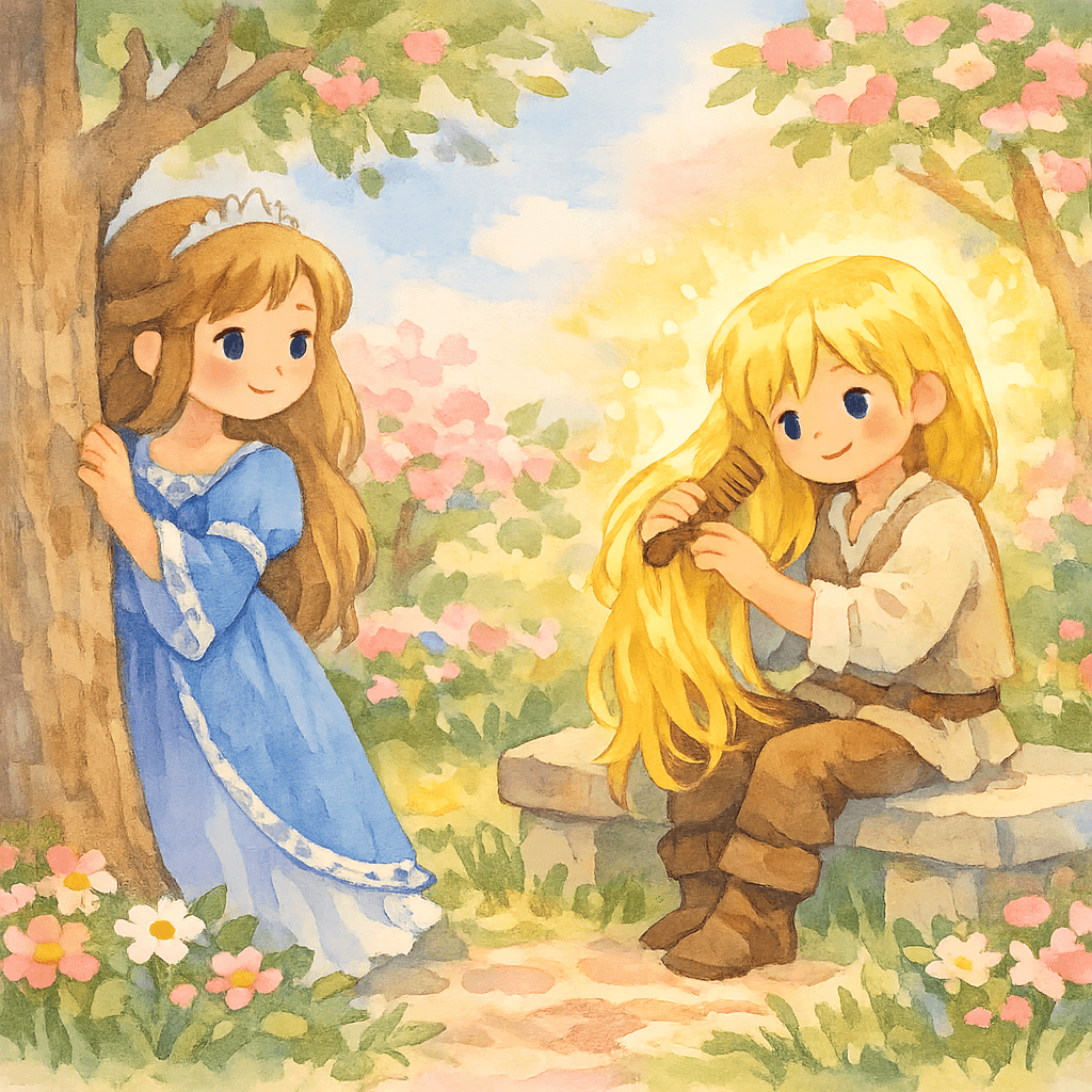 Принцесса видит золотые волосы принца в саду