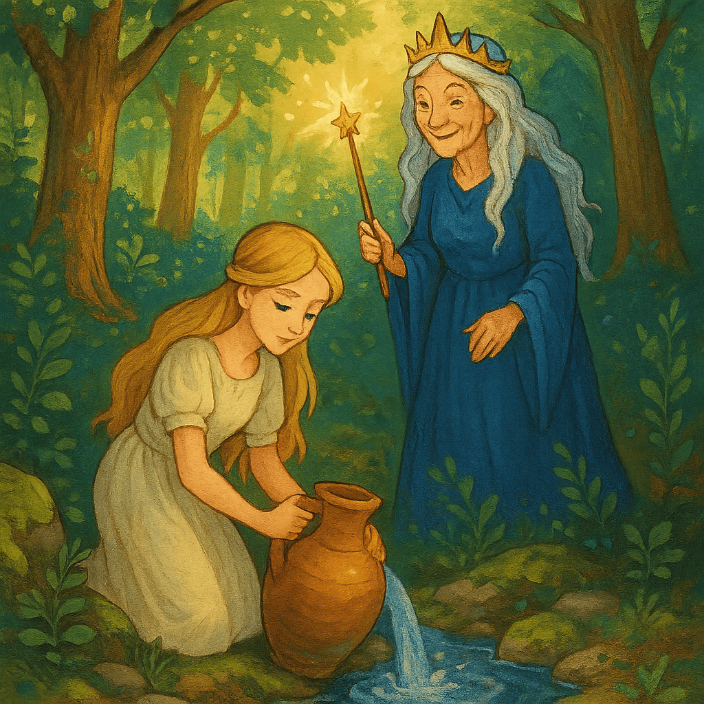 Младшая сестра у колодца встречает фею, которая просит напиться воды.