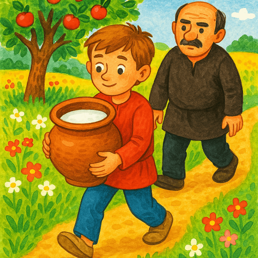 Младший брат несет горшок с катыком, за ним хозяин