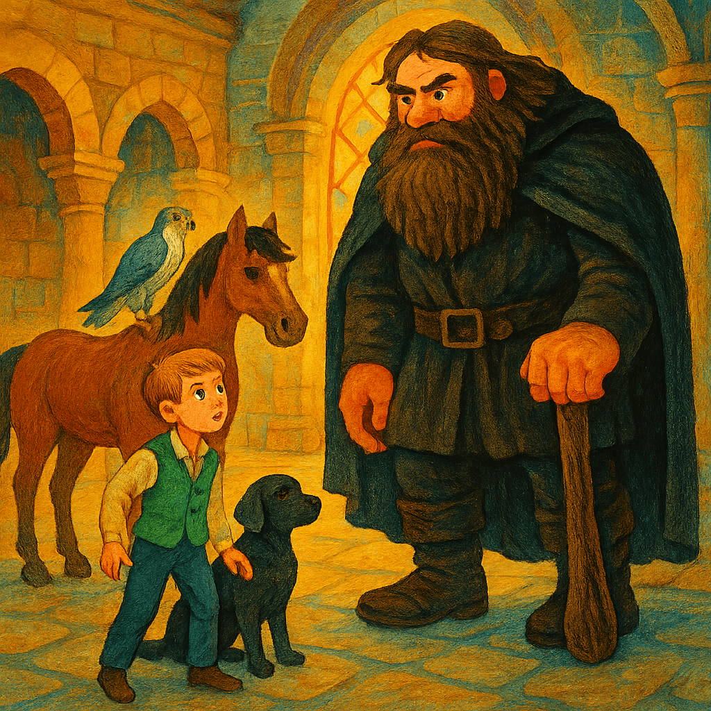 Младший брат с животными противостоит великану в зале замка.