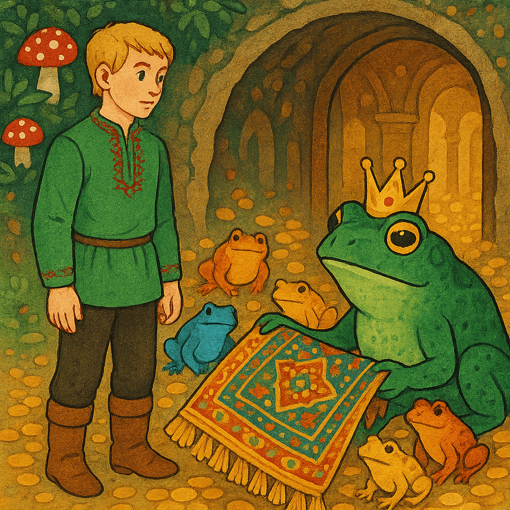 Младший брат берет ковёр у служанок-жаб возле подземного дворца.