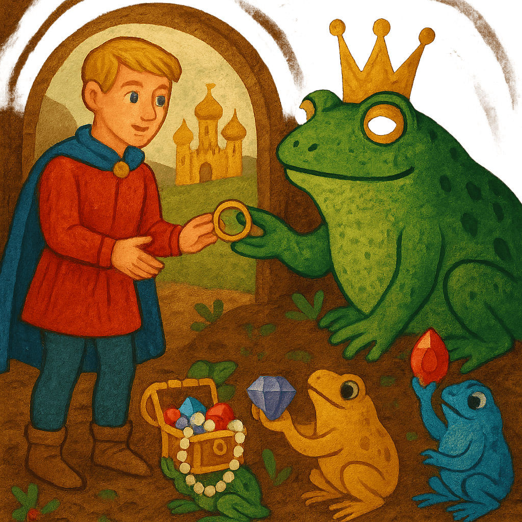 Жаба даёт младшему брату волшебное кольцо возле сказочного подземного дворца.