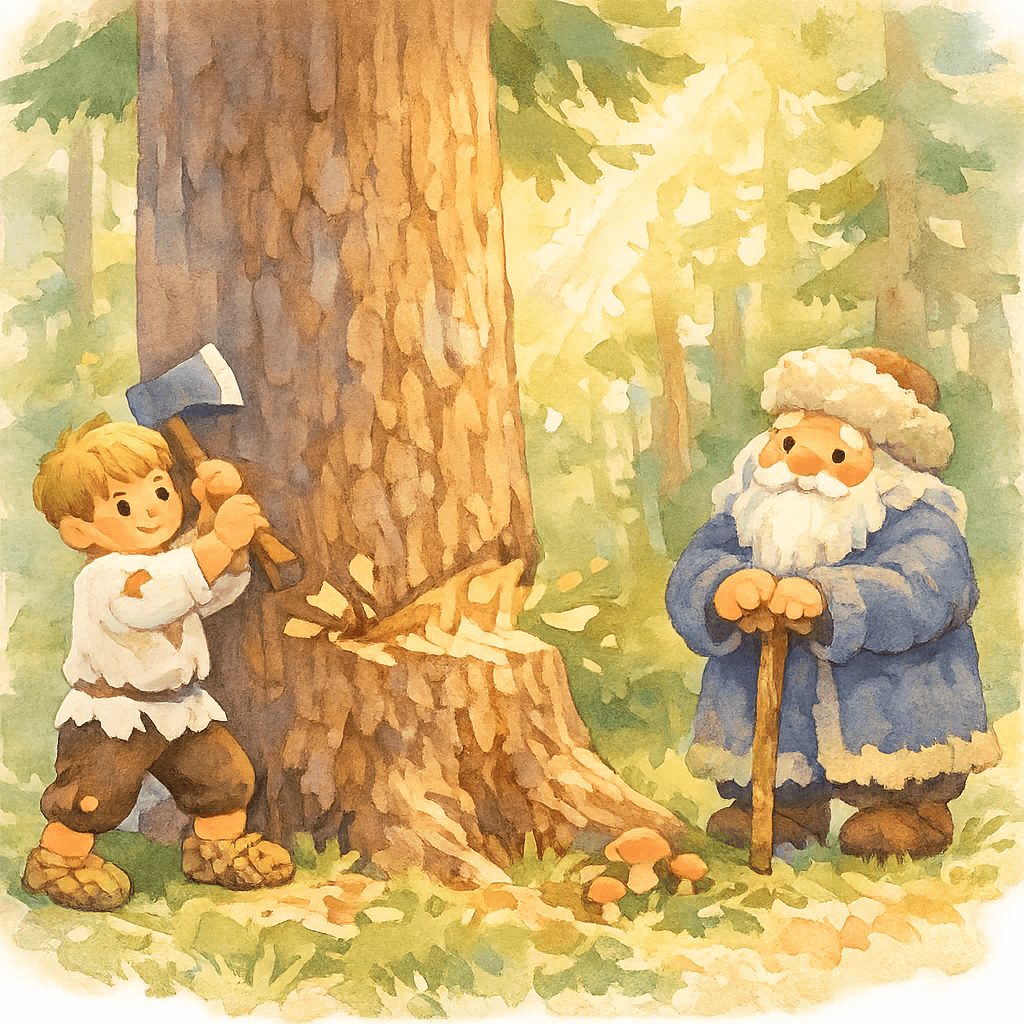 Младший сын срубает сосну с помощью старика-волшебника