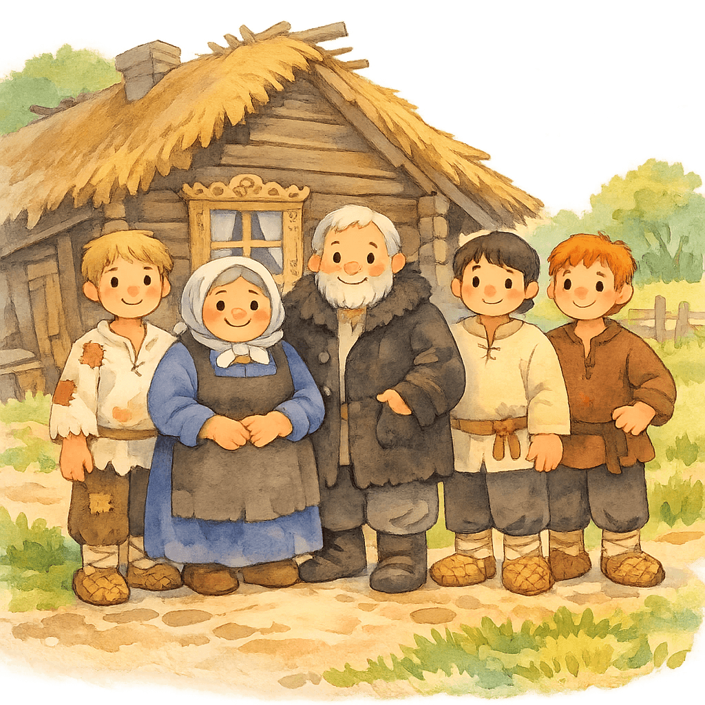 Семья у бедного деревенского дома: старик, старуха и три сына