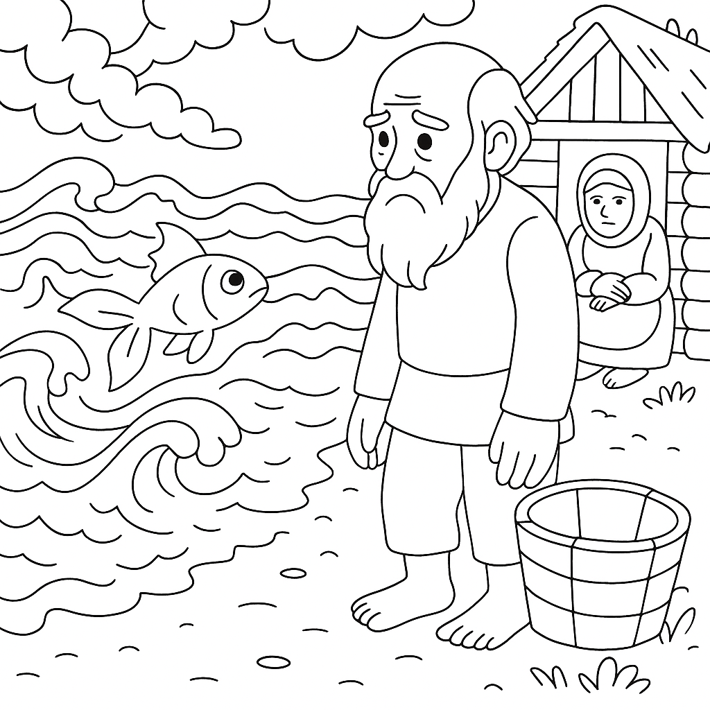 Раскраска по сказке "Сказка о рыбаке и рыбке"