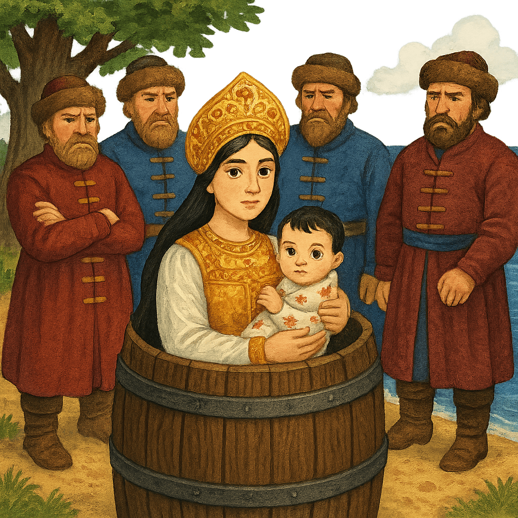 Царица и младенец-князь Гвидон в бочке на берегу моря, бояре смотрят сурово.