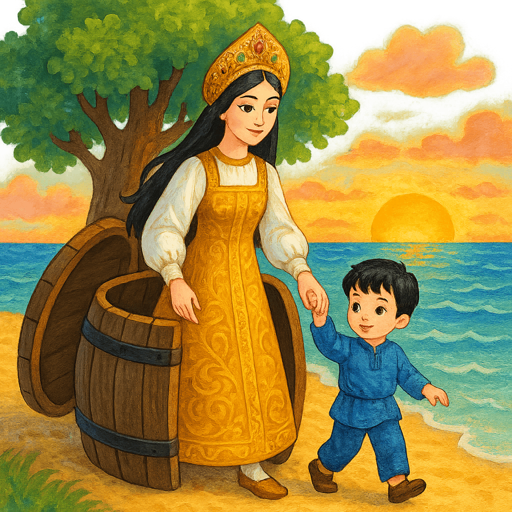 Царица с маленьким Гвидоном выходят из бочки на берегу, позади дуб и море.