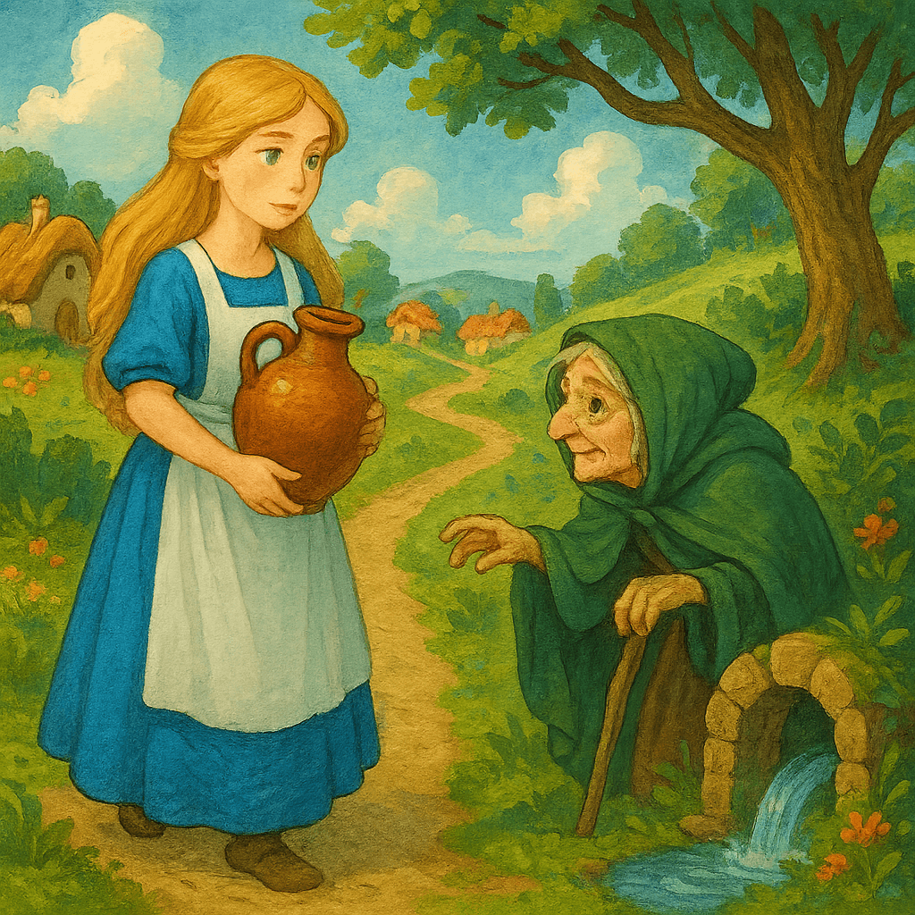 Добрая девушка с кувшином идёт к роднику, где её встречает волшебница.