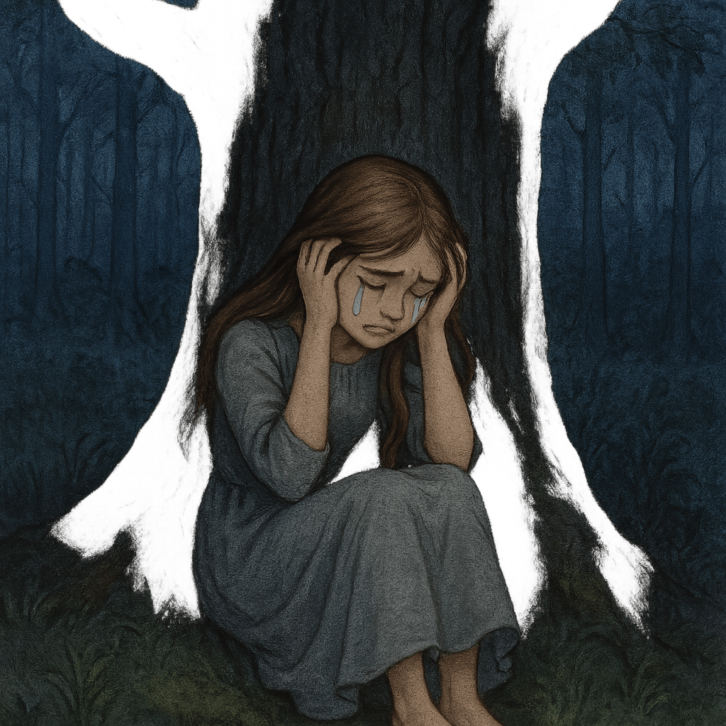 Грустная девушка сидит под деревом в сумерках в лесу