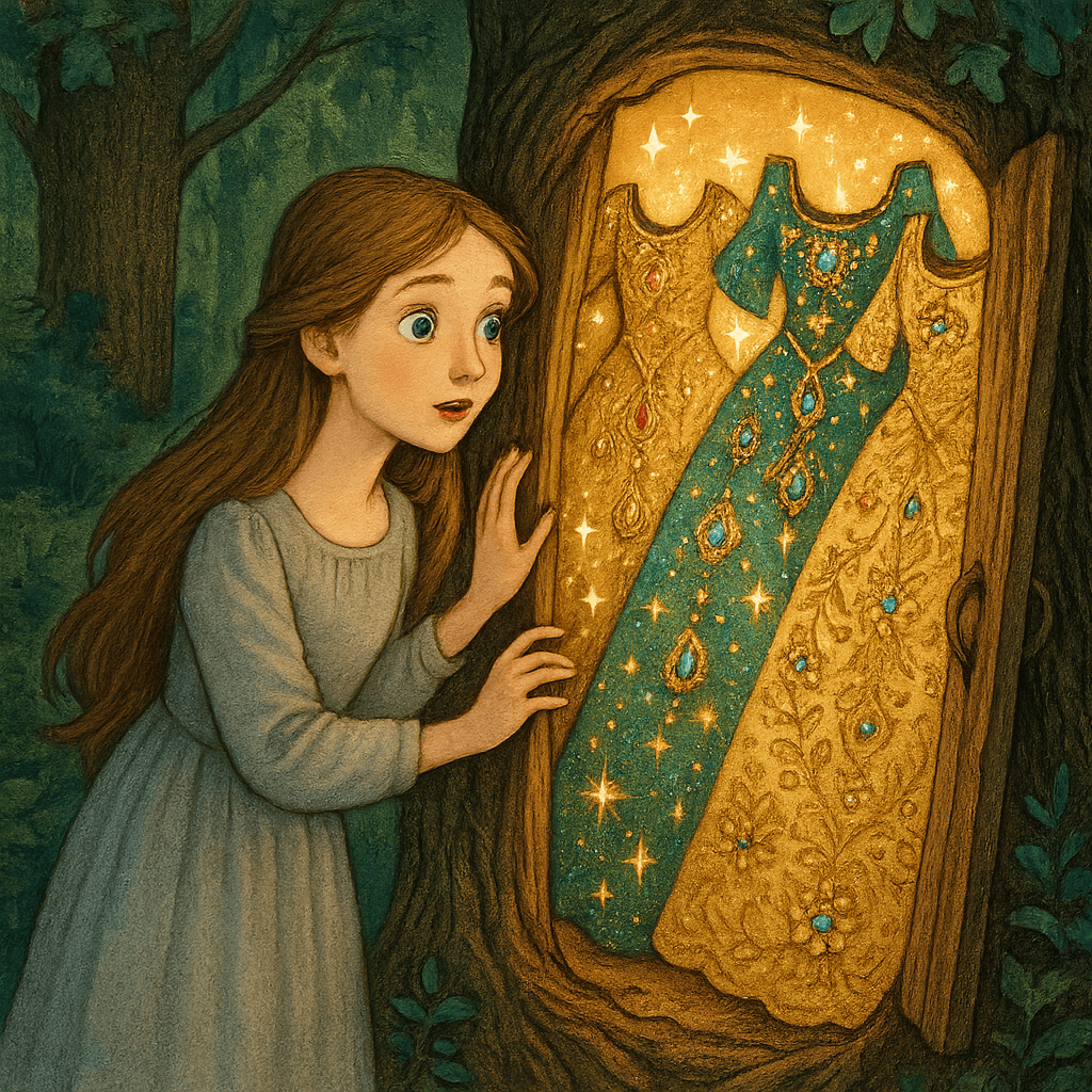 Девушка открывает дерево с волшебными платьями