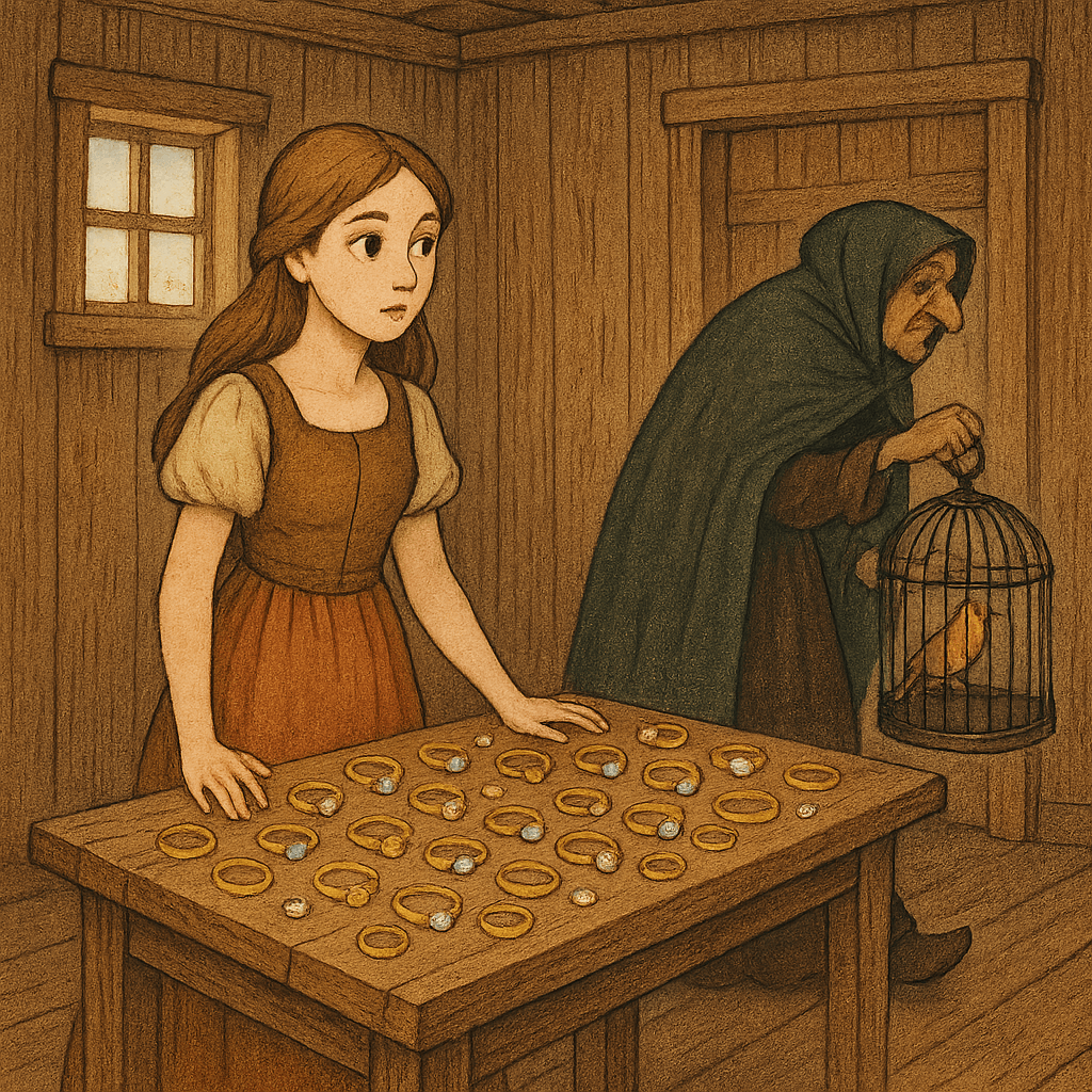 Девушка в комнате с кольцами и птичьей клеткой.