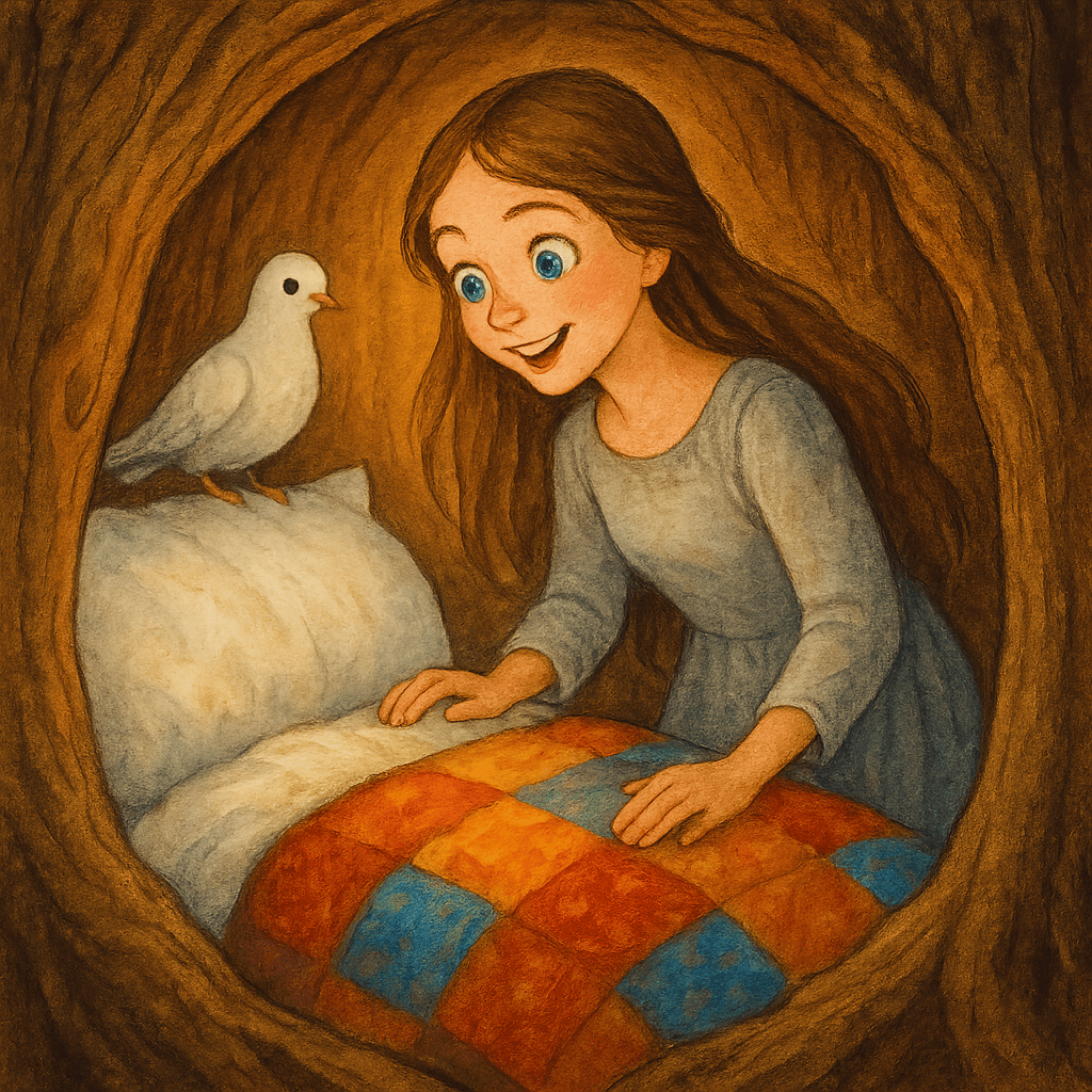 Девушка и белый голубь рядом с мягкой постелью внутри дерева