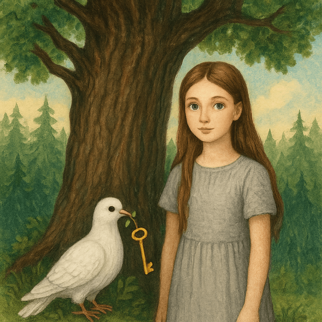 Девушка с белым голубем у волшебного дерева в сказочном лесу